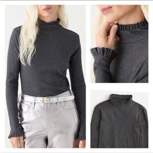 🛍️🎉 JCREW NEW! Vintage Rib Ruffle Mock Neck T-shirt Turtleneck BM317 Sz L Gray
